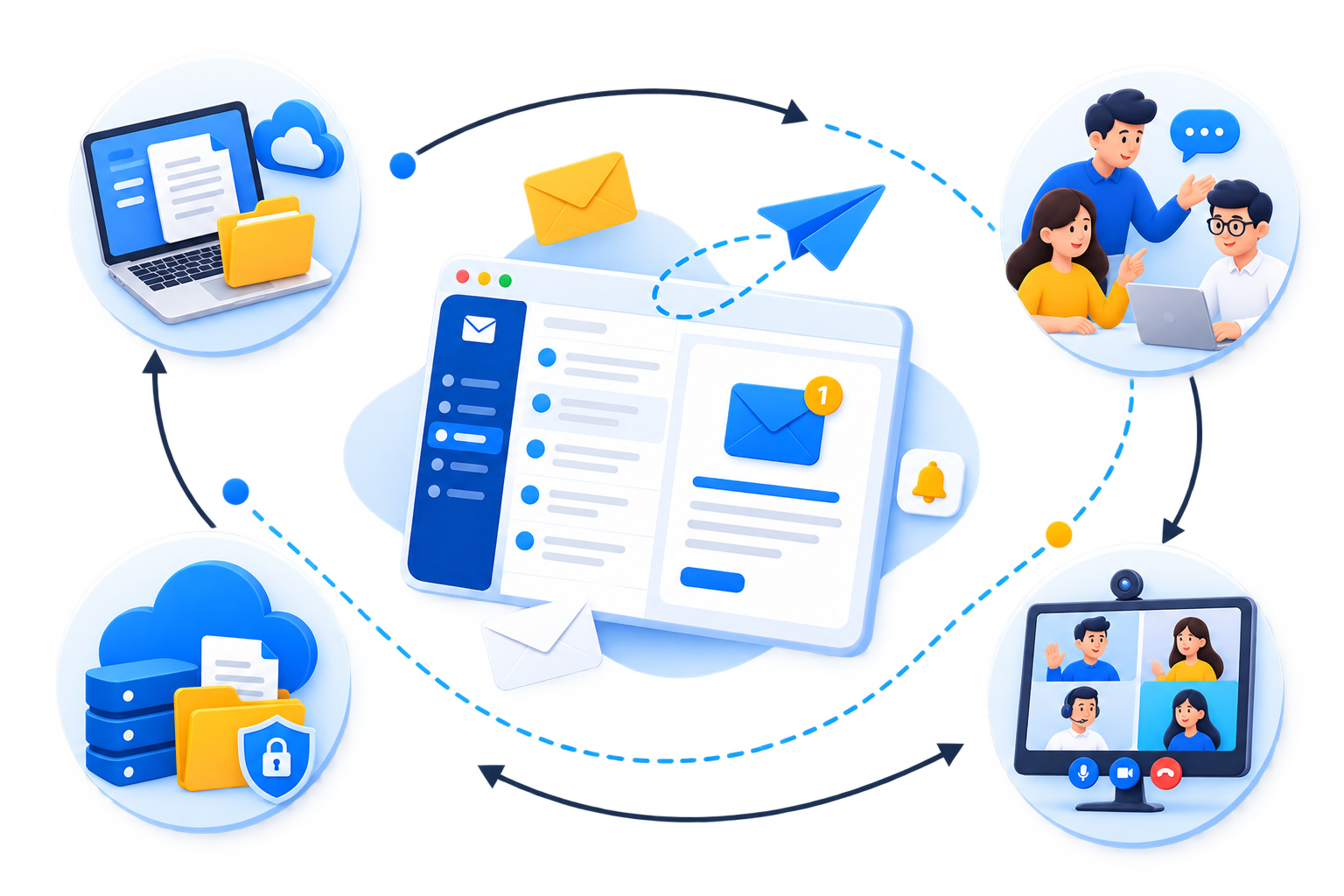 Ilustrasi ruang kerja RuangMail dengan email, file, tim, dan meeting